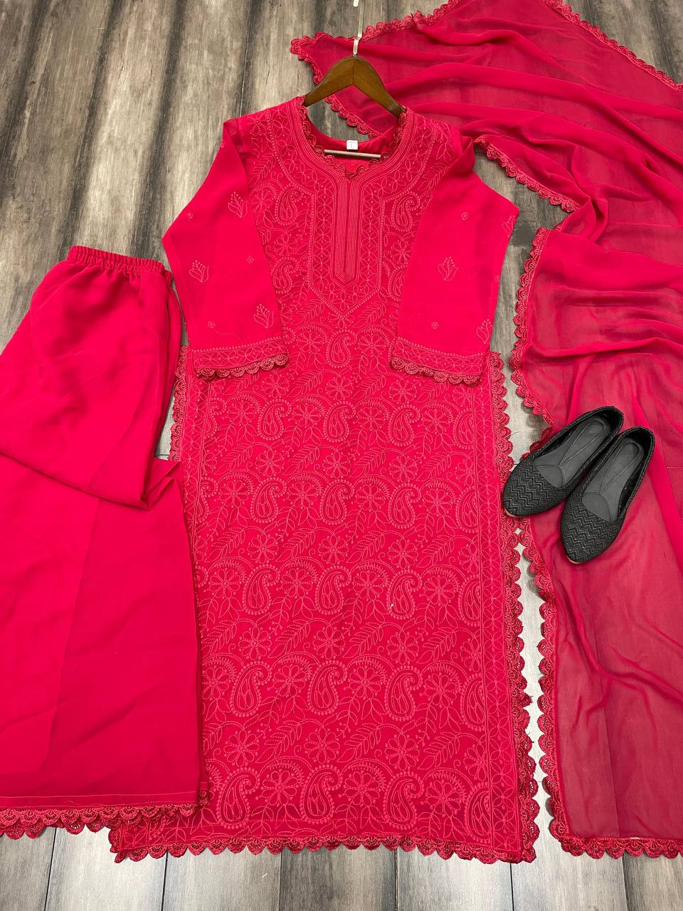 Women's Festive Red Georgette Chikankari Kurti Set with Dupatta