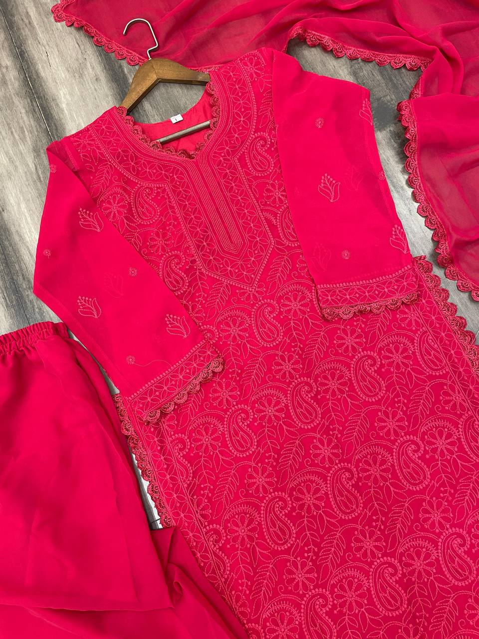 Women's Festive Red Georgette Chikankari Kurti Set with Dupatta