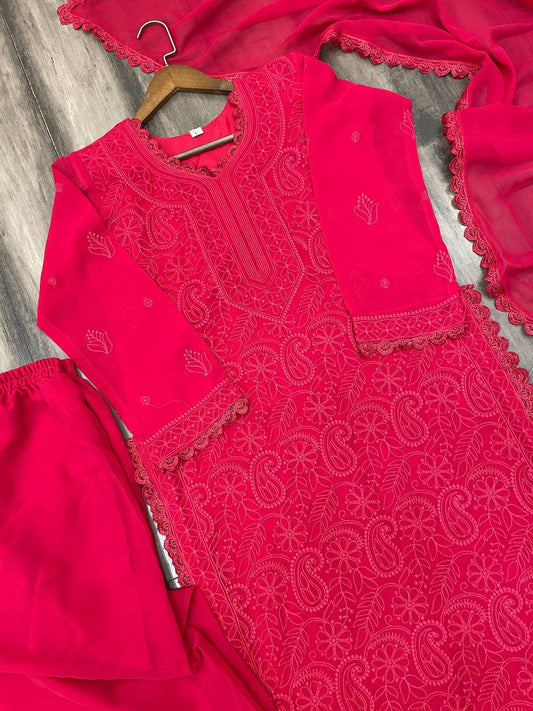 Women's Festive Red Georgette Chikankari Kurti Set with Dupatta
