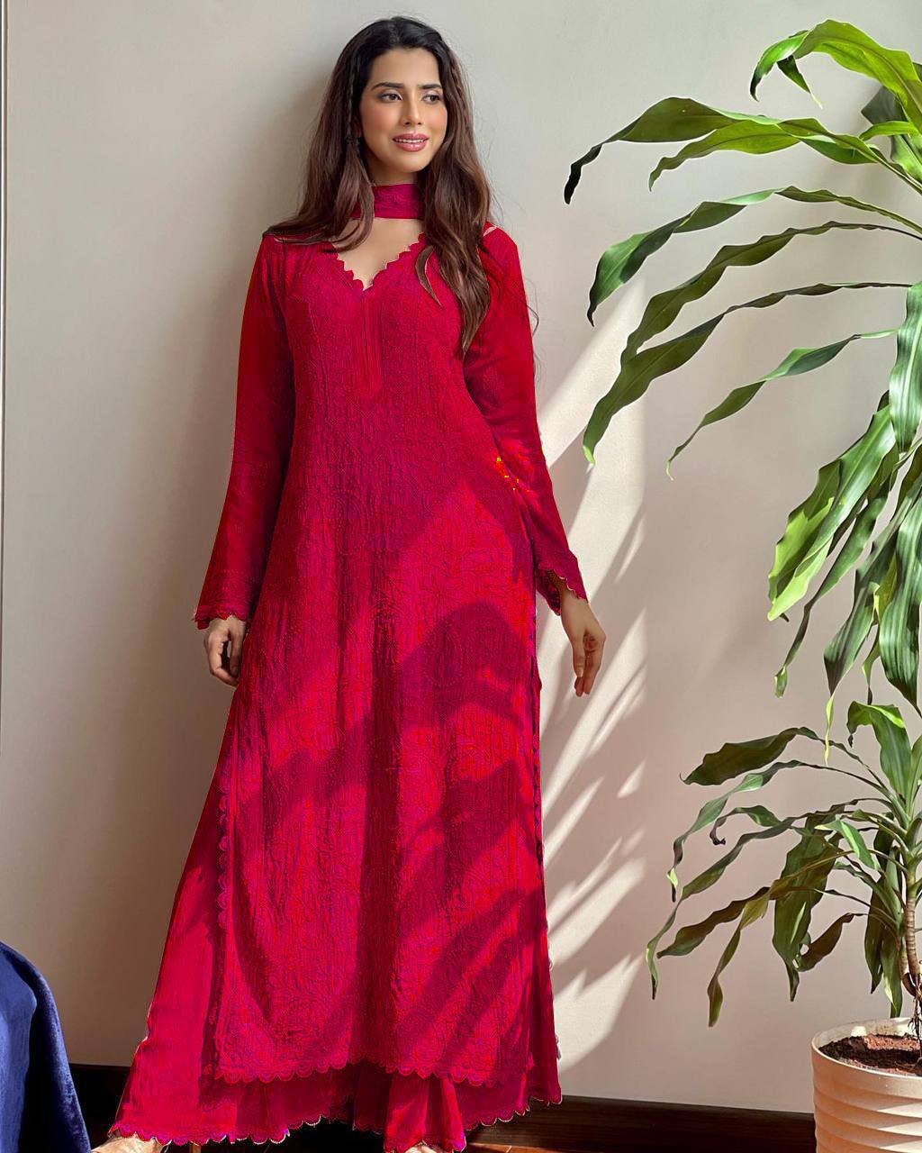 Women's Festive Red Georgette Chikankari Kurti Set with Dupatta