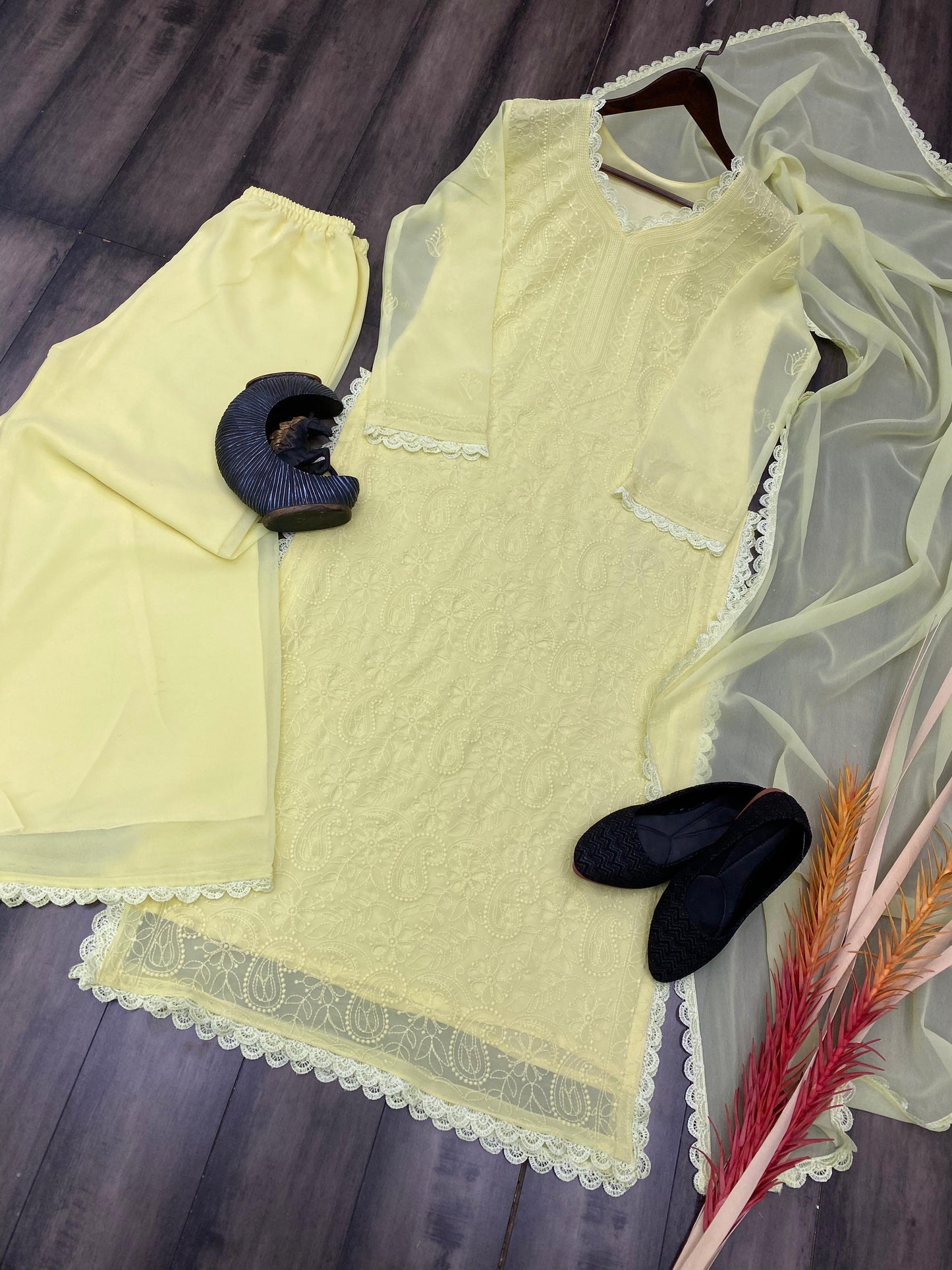 Women's Festive Yellow Georgette Chikankari Kurti Set with Dupatta
