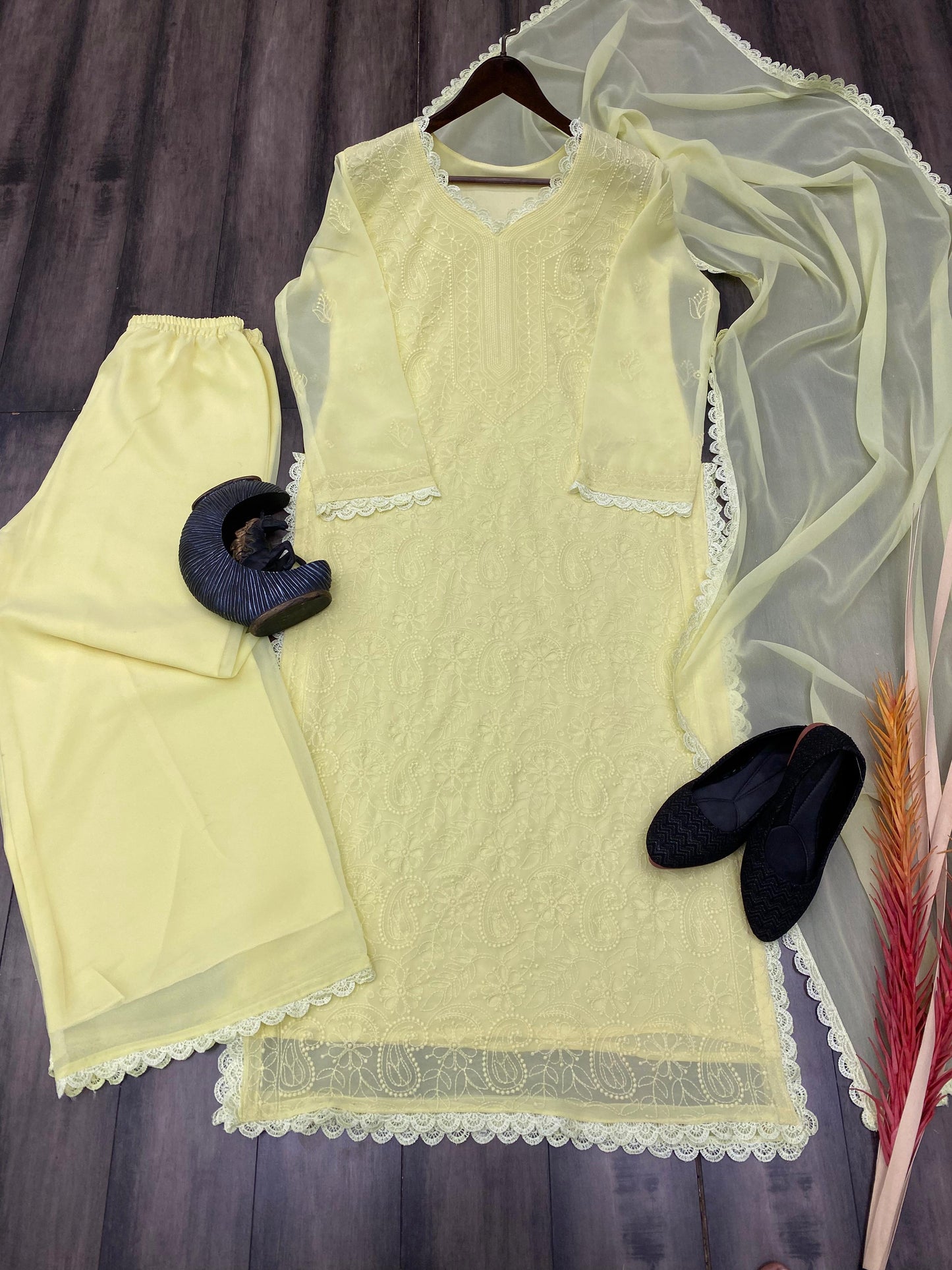 Women's Festive Yellow Georgette Chikankari Kurti Set with Dupatta