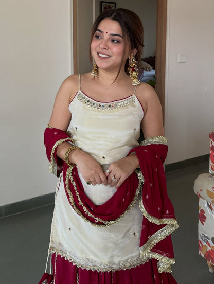 Ivory Peplum Choli with Wine Flared Lehenga- Festive & Wedding  Wear