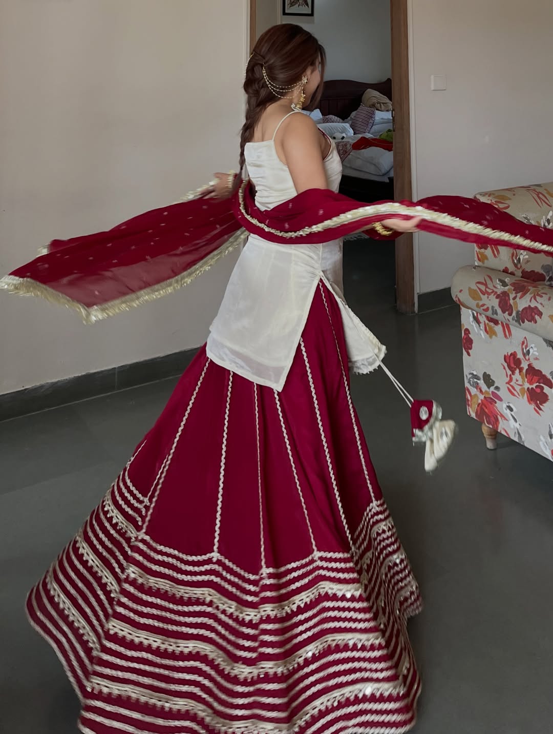 Ivory Peplum Choli with Wine Flared Lehenga- Festive & Wedding  Wear