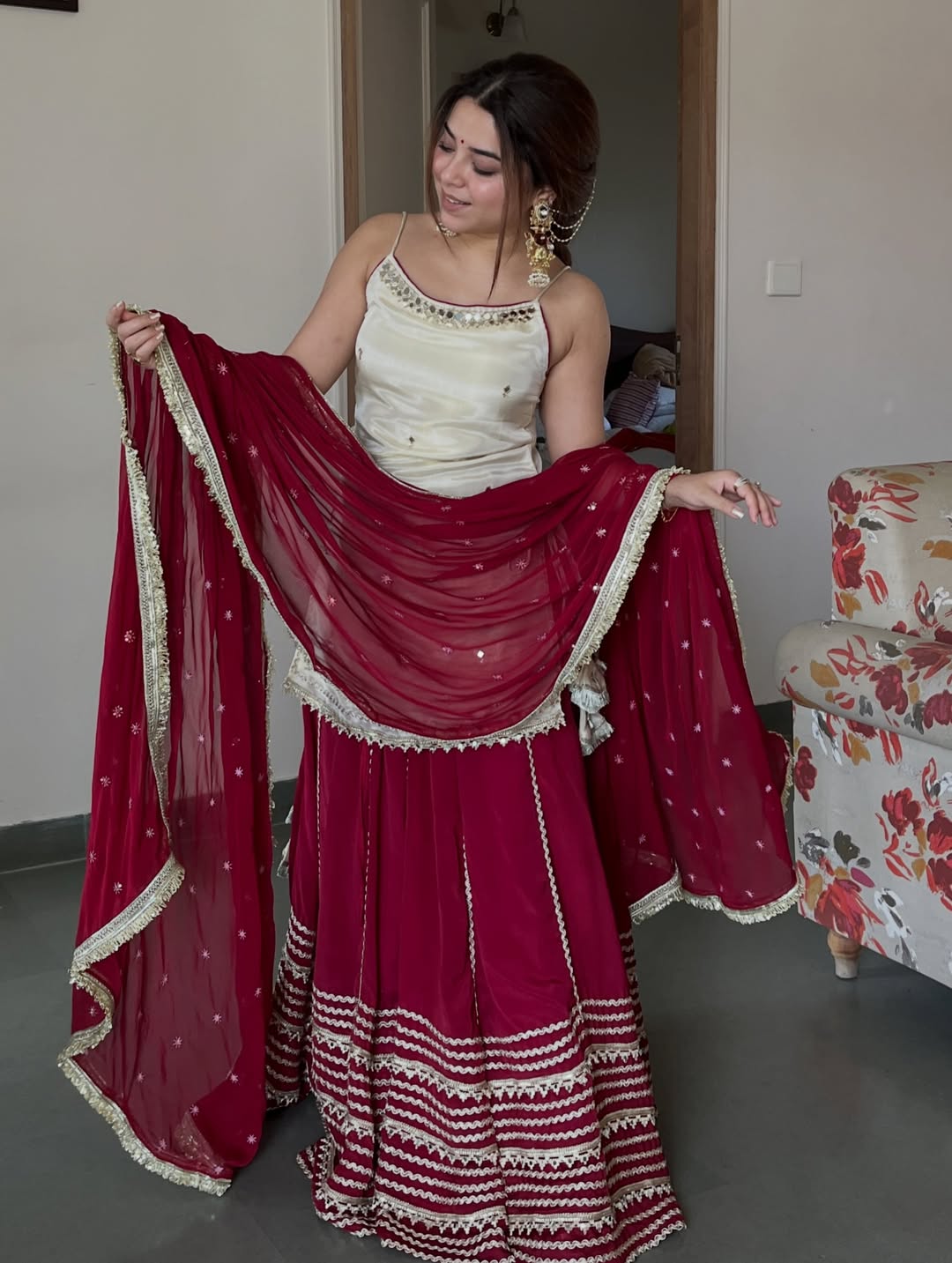 Ivory Peplum Choli with Wine Flared Lehenga- Festive & Wedding  Wear
