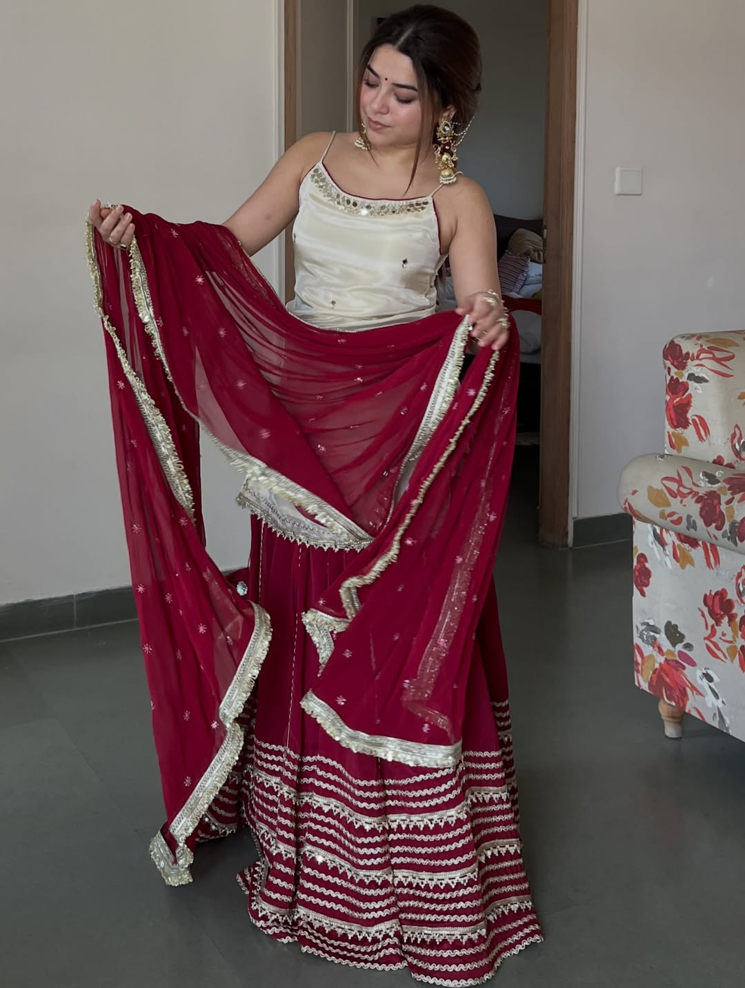 Ivory Peplum Choli with Wine Flared Lehenga- Festive & Wedding  Wear