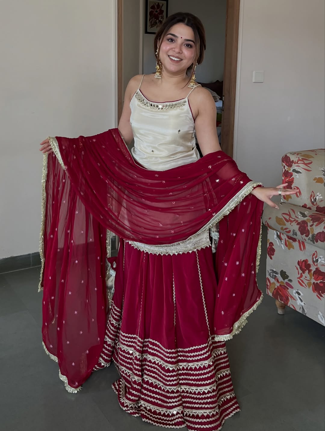 Ivory Peplum Choli with Wine Flared Lehenga- Festive & Wedding  Wear