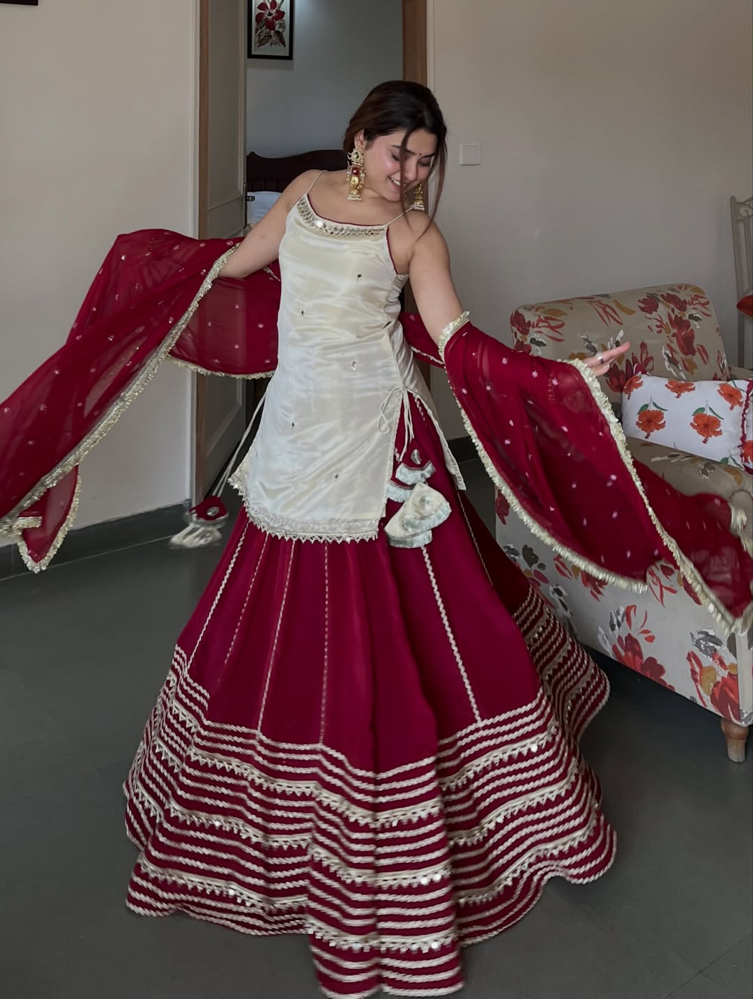 Ivory Peplum Choli with Wine Flared Lehenga- Festive & Wedding  Wear