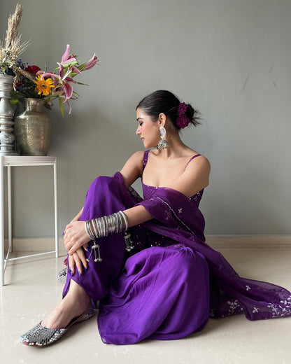Royal Purple Embroidery Work Georgette Kurti Sharara Suit Set