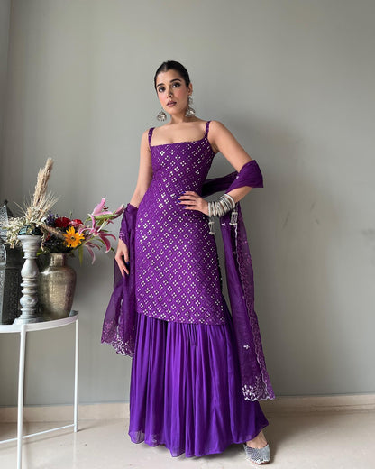 Royal Purple Embroidery Work Georgette Kurti Sharara Suit Set