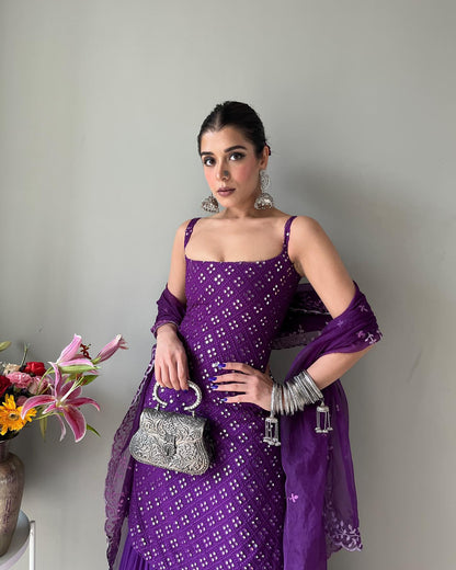 Royal Purple Embroidery Work Georgette Kurti Sharara Suit Set