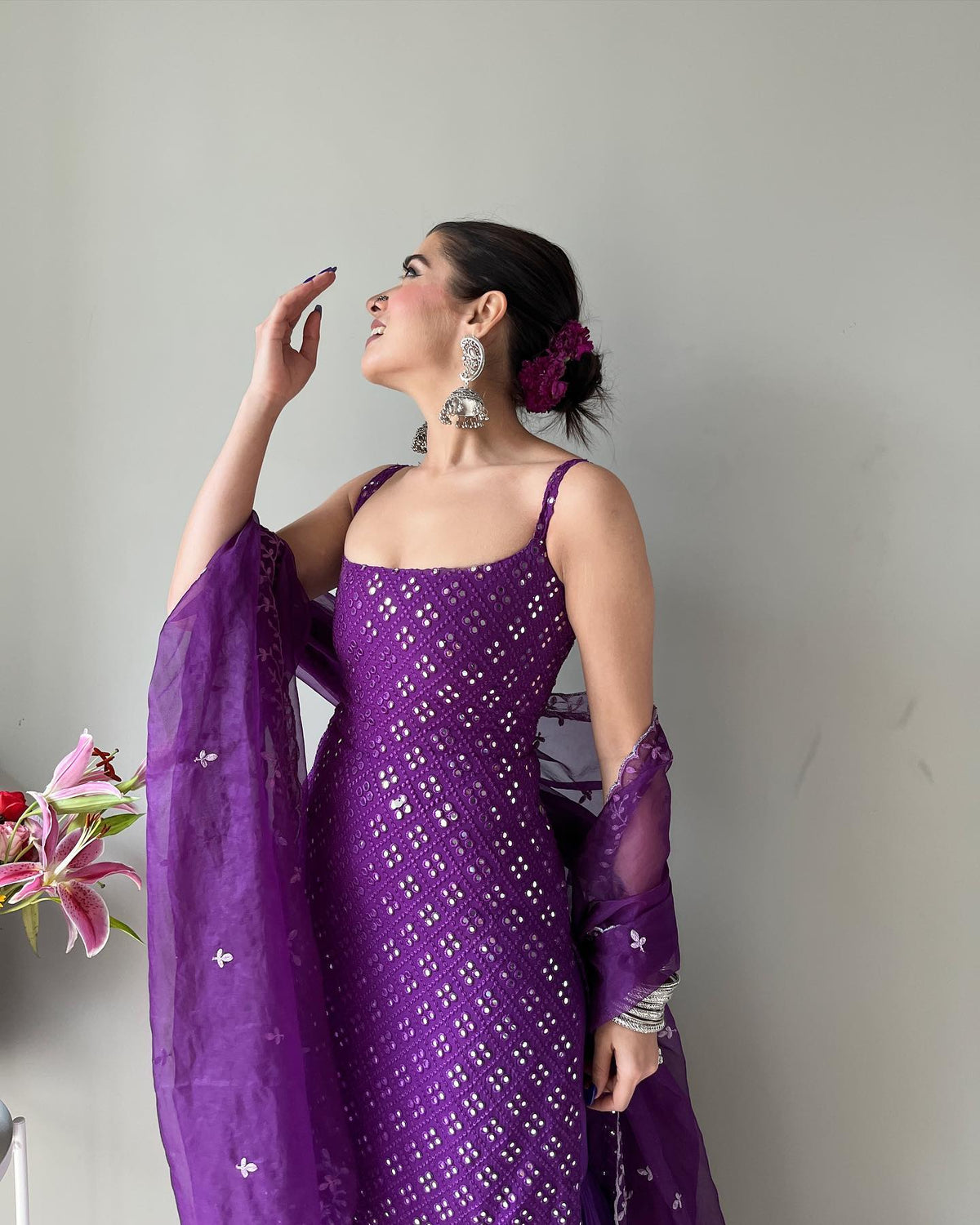 Royal Purple Embroidery Work Georgette Kurti Sharara Suit Set