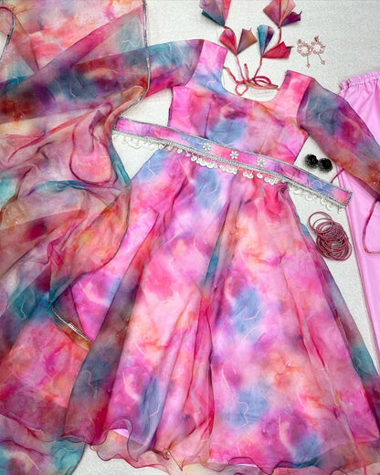 Luminous Pink Organza Silk Floral Digital Printed Anarkali Pant Suit - INDIAN ELEGANCE