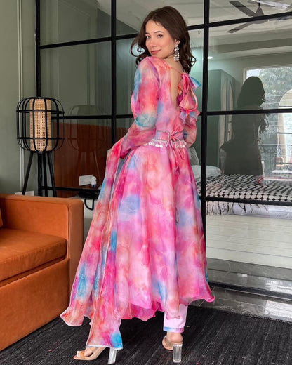 Luminous Pink Organza Silk Floral Digital Printed Anarkali Pant Suit - INDIAN ELEGANCE