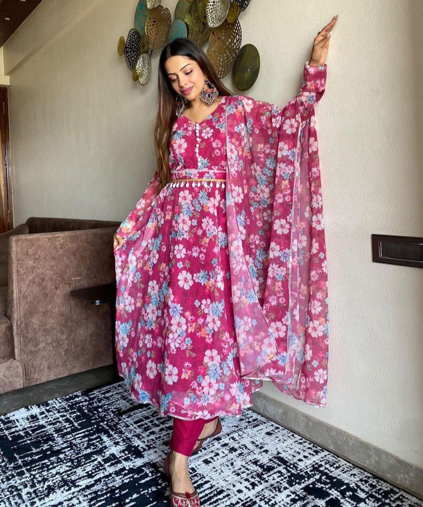 Winsome Rani Pink Georgette Silk Floral Anarkali Pant Suit - INDIAN ELEGANCE