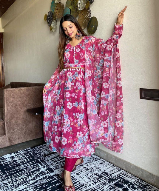 Winsome Rani Pink Georgette Silk Floral Anarkali Pant Suit - INDIAN ELEGANCE