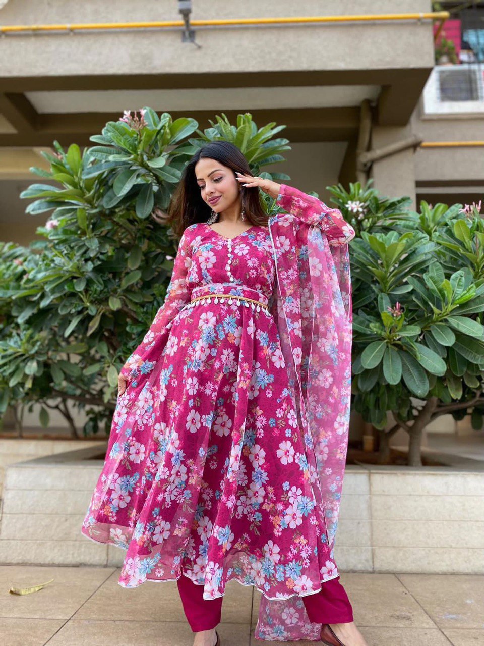 Winsome Rani Pink Georgette Silk Floral Anarkali Pant Suit - INDIAN ELEGANCE