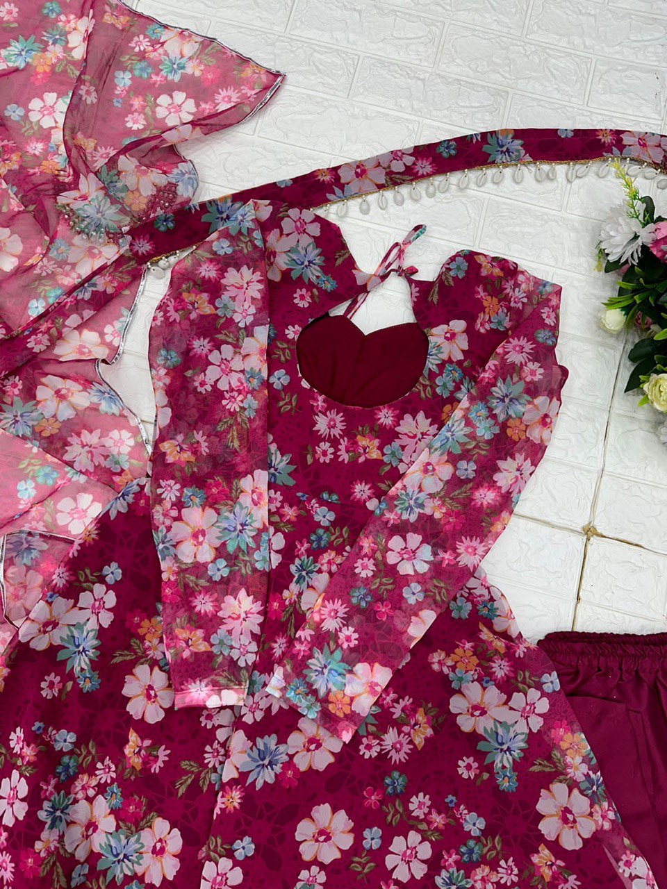 Winsome Rani Pink Georgette Silk Floral Anarkali Pant Suit - INDIAN ELEGANCE