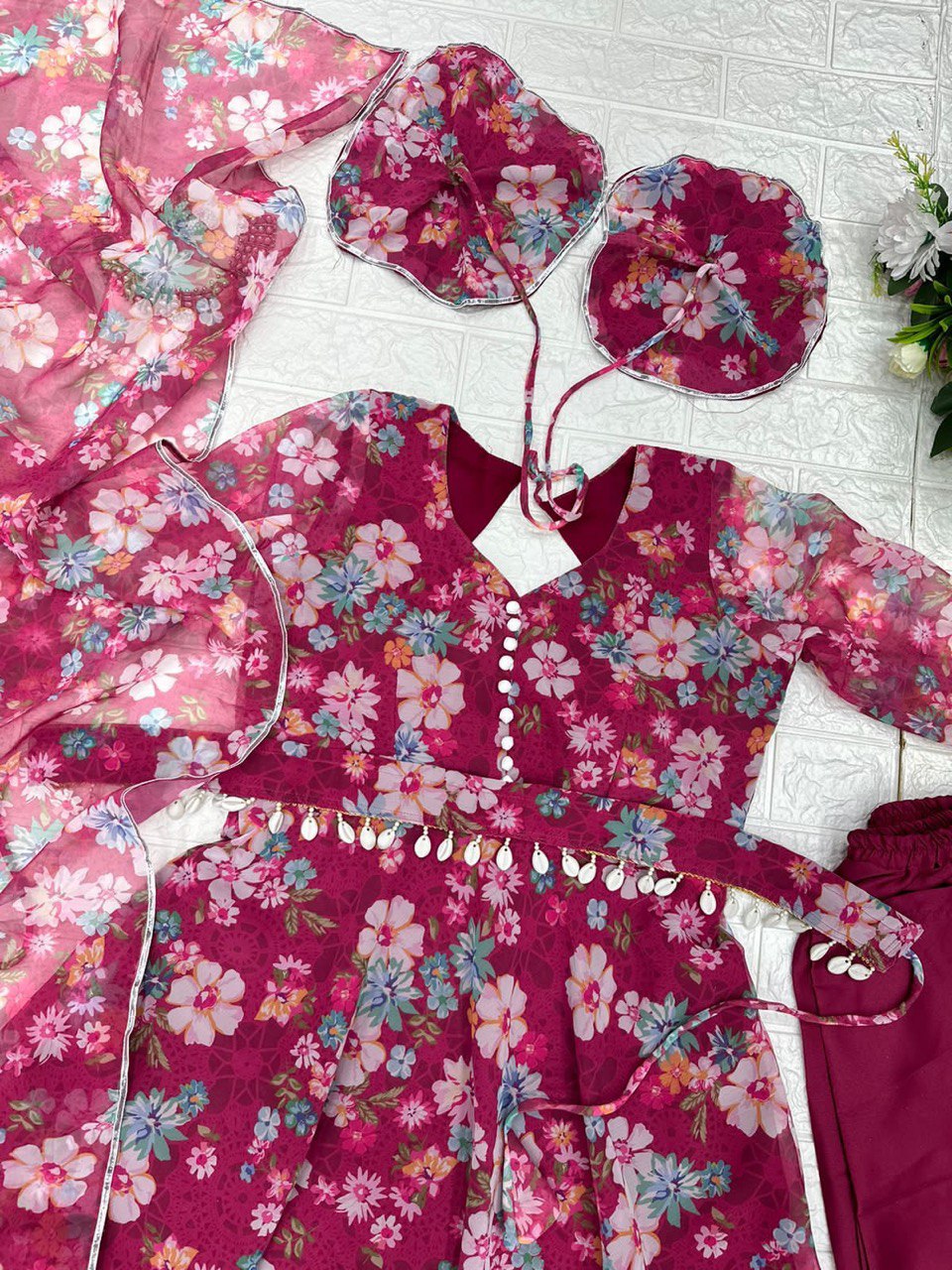 Winsome Rani Pink Georgette Silk Floral Anarkali Pant Suit - INDIAN ELEGANCE