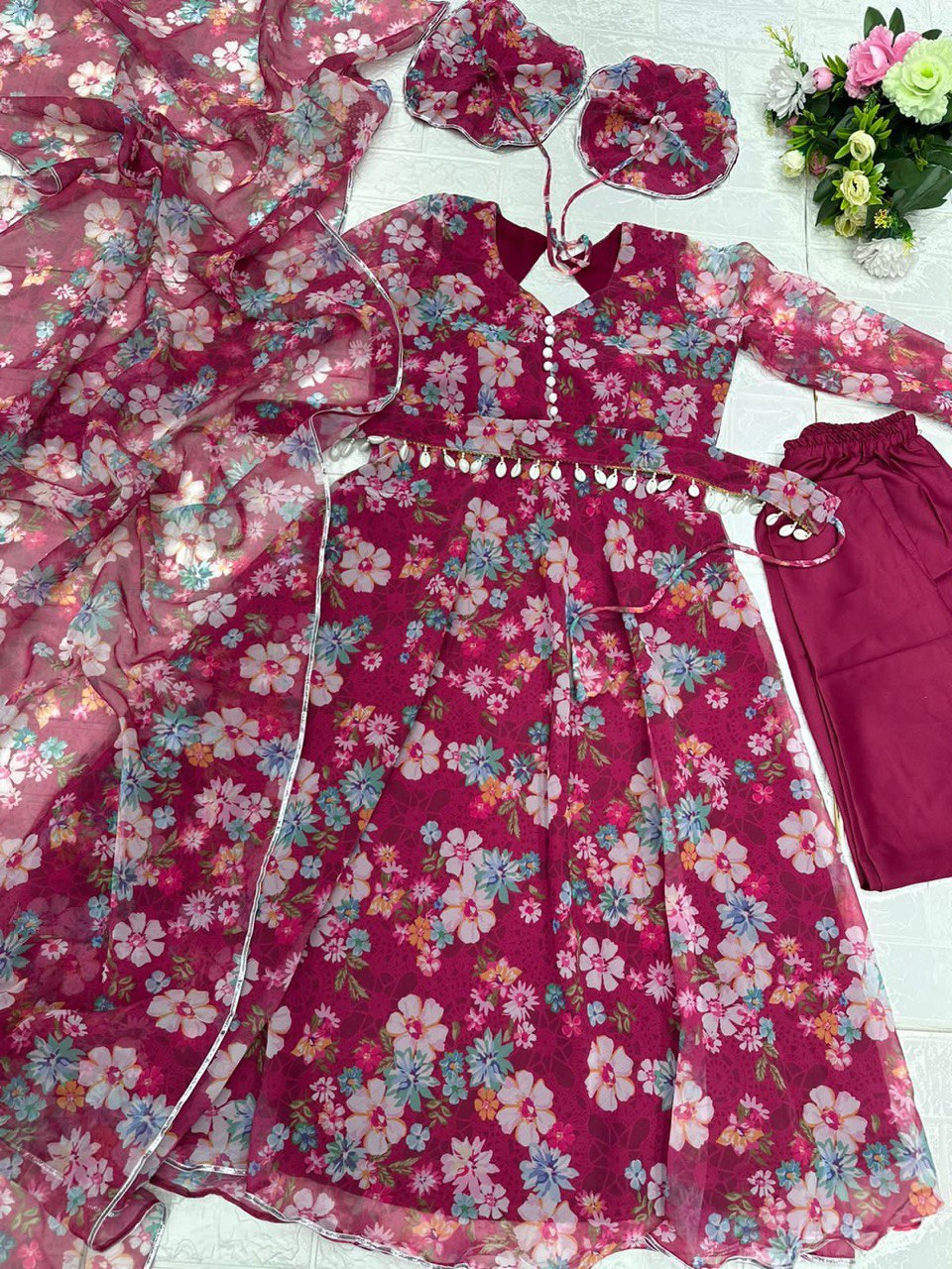 Winsome Rani Pink Georgette Silk Floral Anarkali Pant Suit - INDIAN ELEGANCE