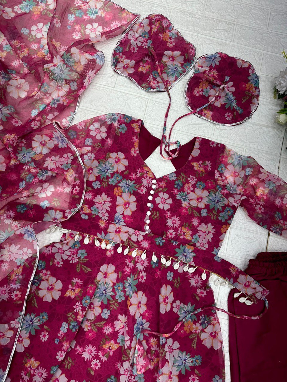 Winsome Rani Pink Georgette Silk Floral Anarkali Pant Suit - INDIAN ELEGANCE