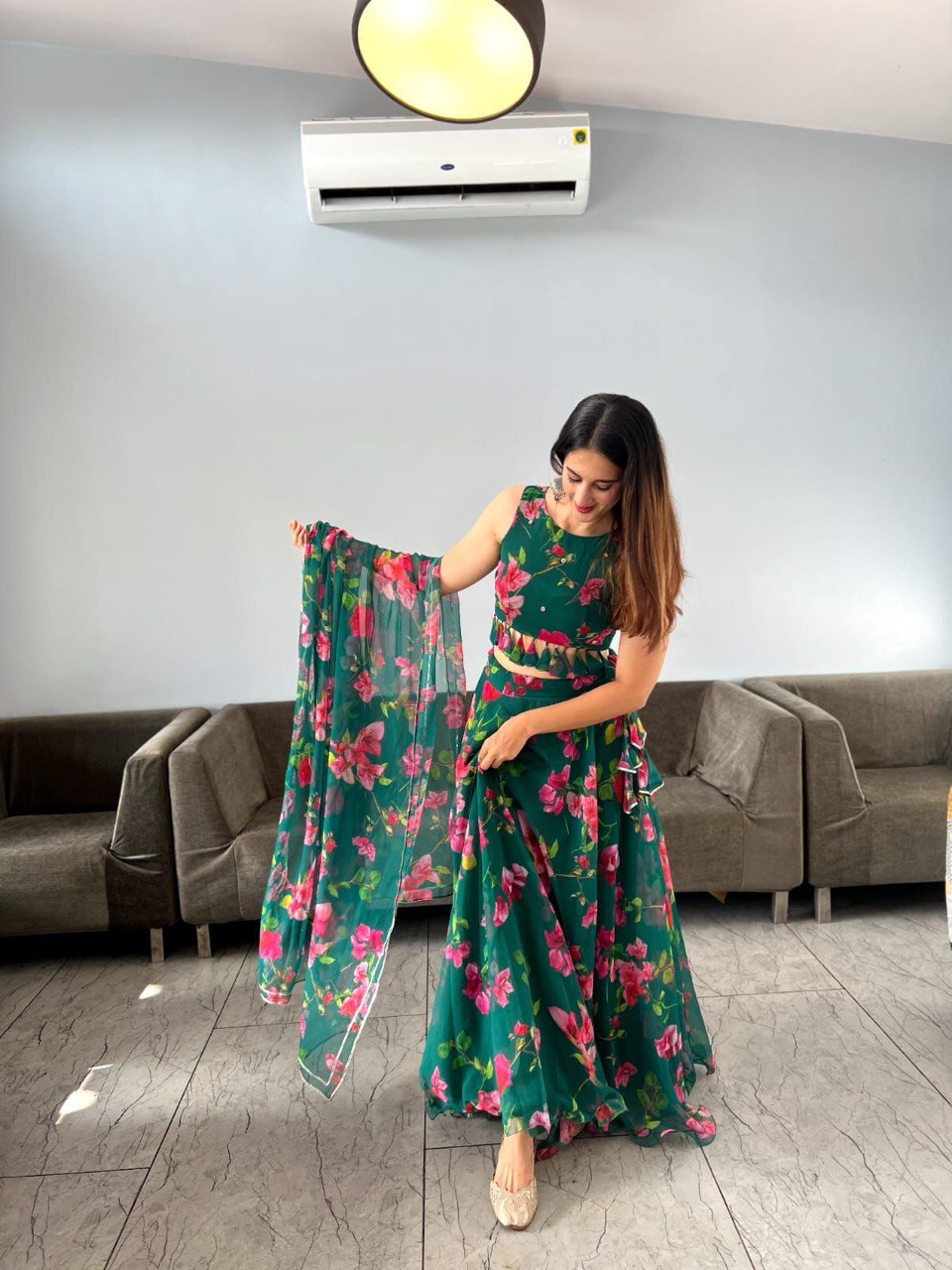 Appealing Green Georgette Floral Digital Printed Lehenga Choli - INDIAN ELEGANCE