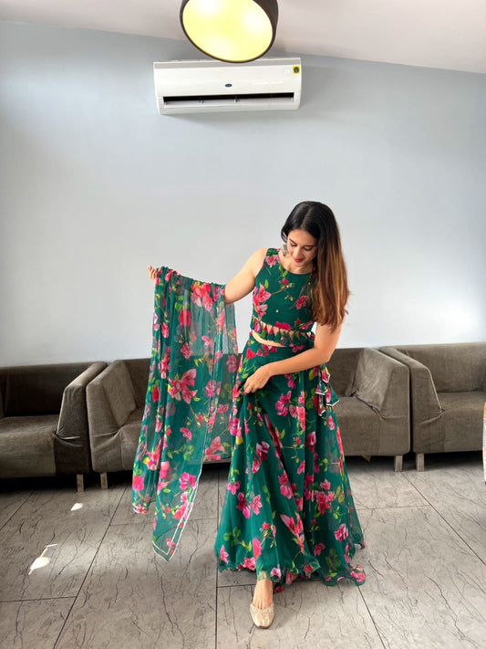 Appealing Green Georgette Floral Digital Printed Lehenga Choli - INDIAN ELEGANCE