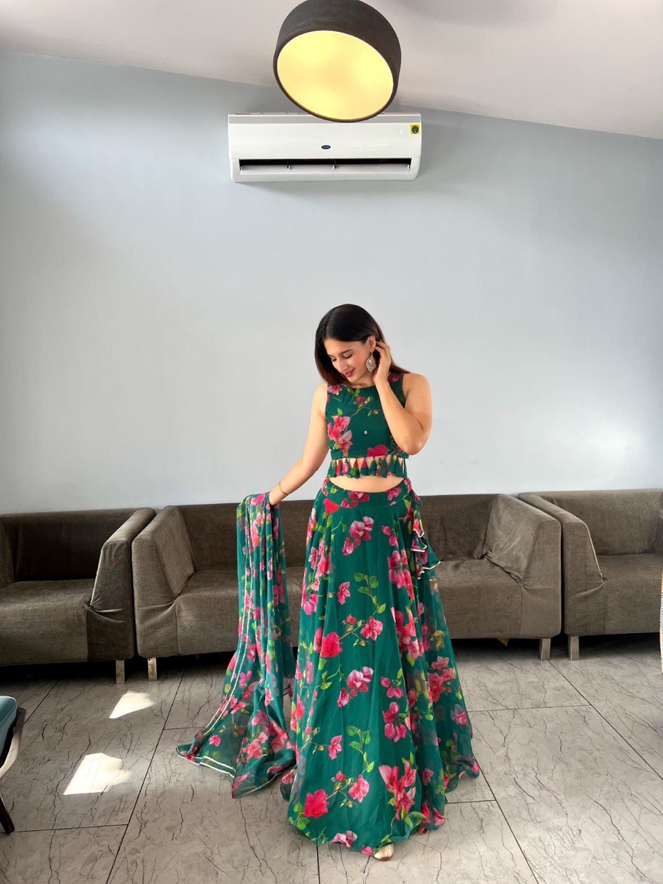 Appealing Green Georgette Floral Digital Printed Lehenga Choli - INDIAN ELEGANCE