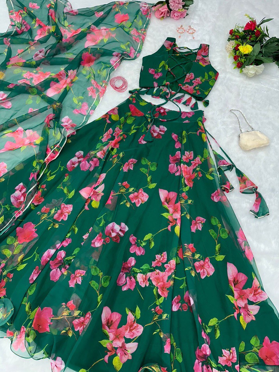 Appealing Green Georgette Floral Digital Printed Lehenga Choli - INDIAN ELEGANCE