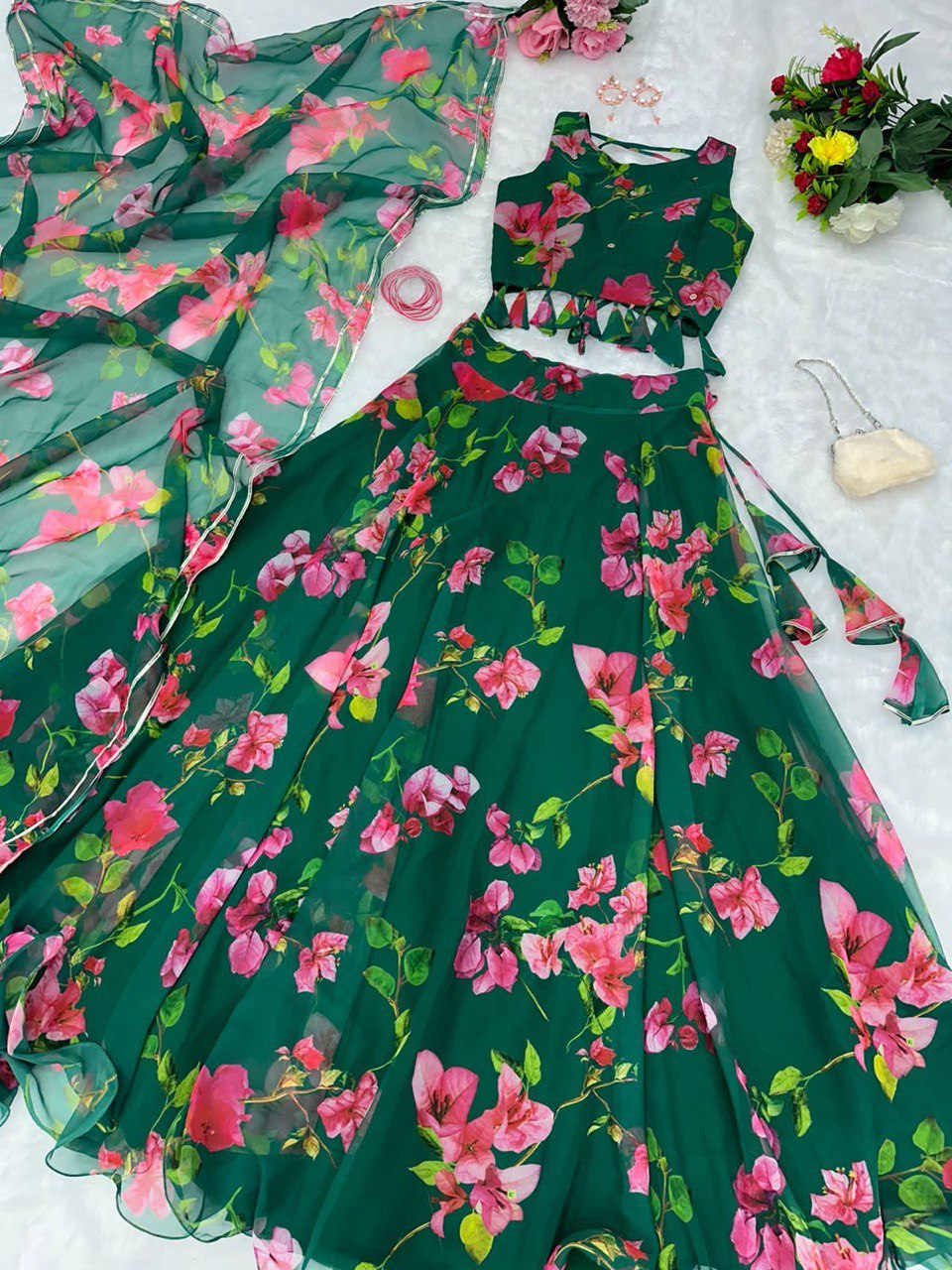 Appealing Green Georgette Floral Digital Printed Lehenga Choli - INDIAN ELEGANCE