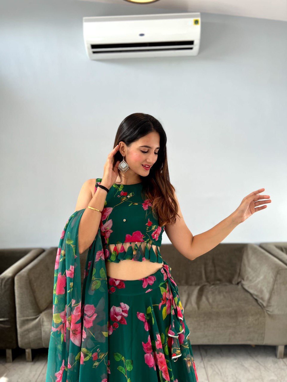 Appealing Green Georgette Floral Digital Printed Lehenga Choli - INDIAN ELEGANCE