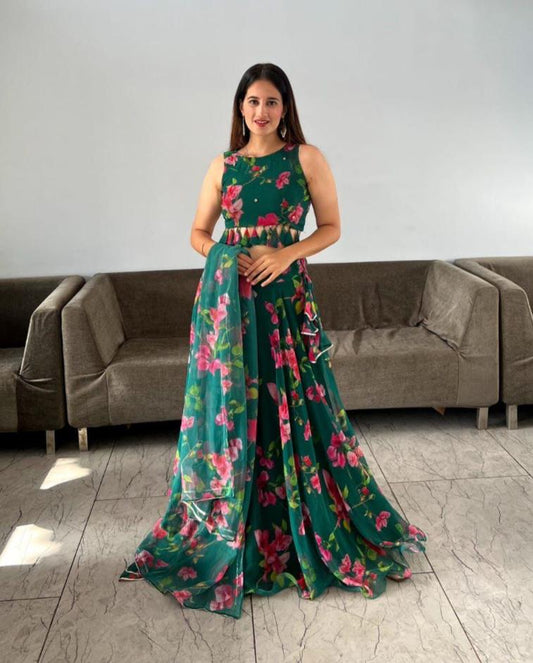 Appealing Green Georgette Floral Digital Printed Lehenga Choli - INDIAN ELEGANCE