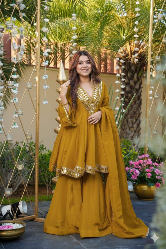 Mustard Party Wear Real Mirror Work Palazzo Suit Set