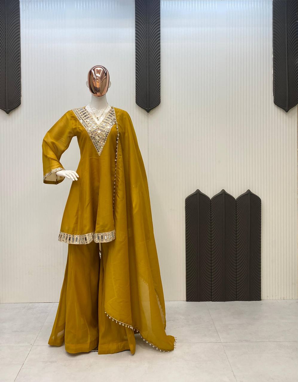 Mustard Party Wear Real Mirror Work Palazzo Suit Set