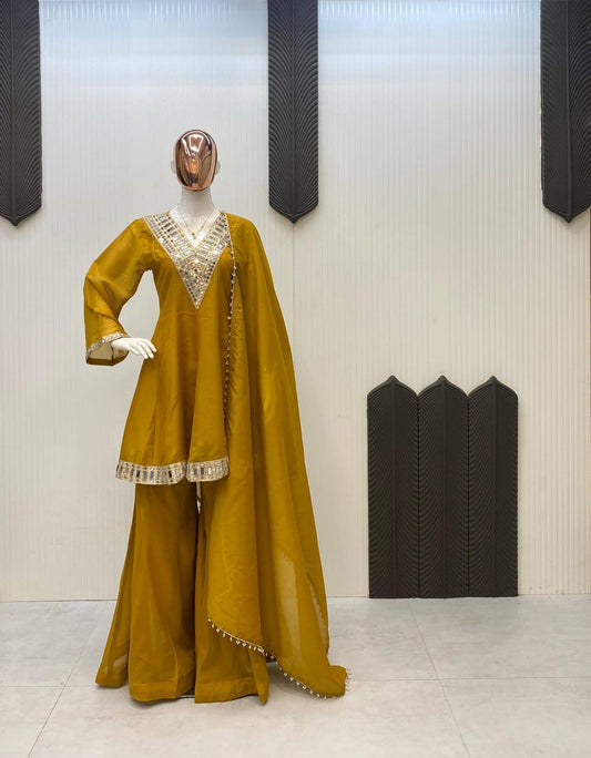 Mustard Party Wear Real Mirror Work Palazzo Suit Set
