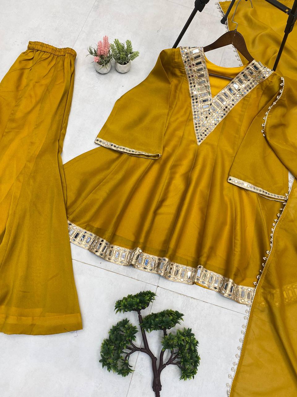 Mustard Party Wear Real Mirror Work Palazzo Suit Set