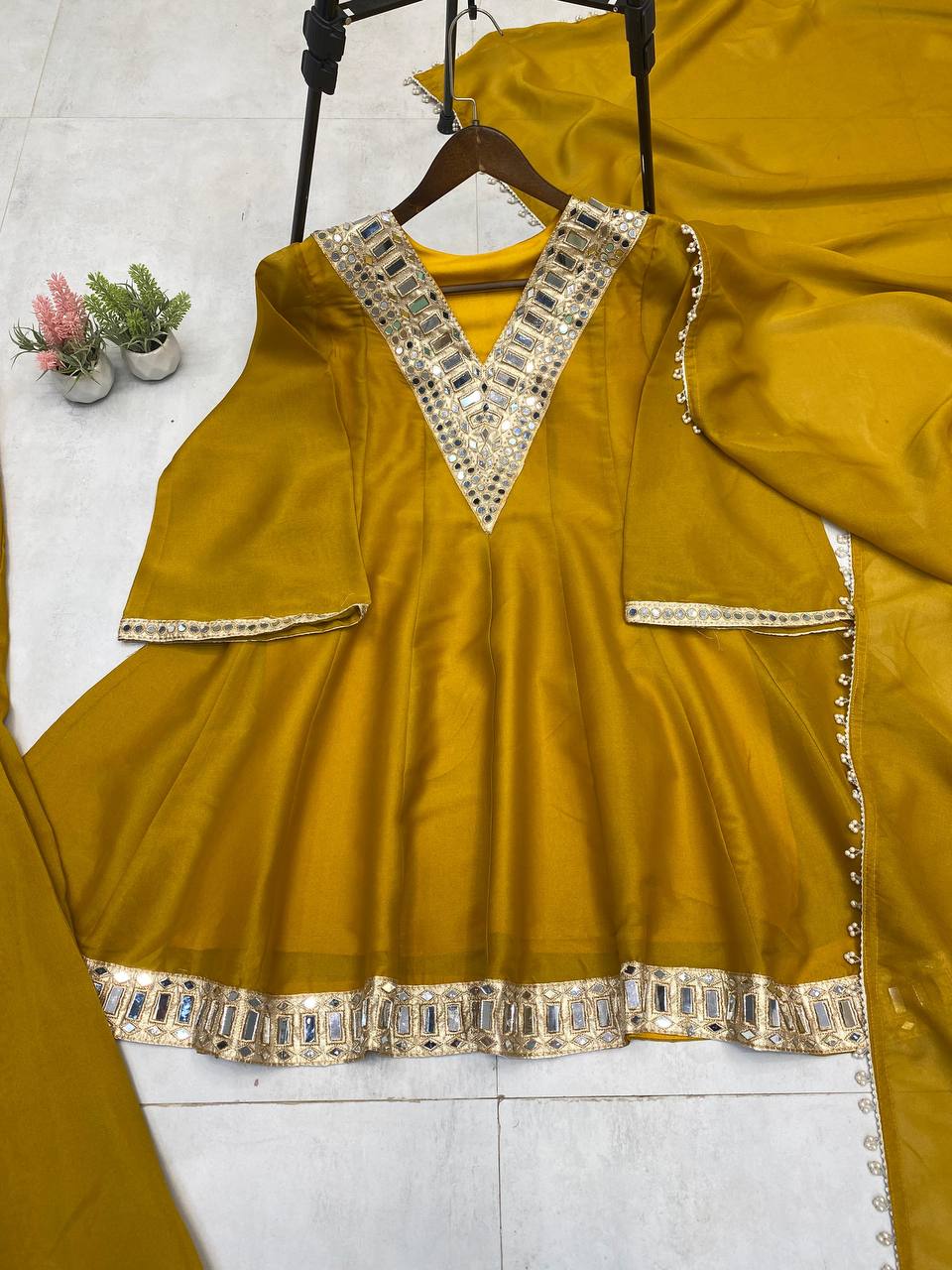 Mustard Party Wear Real Mirror Work Palazzo Suit Set