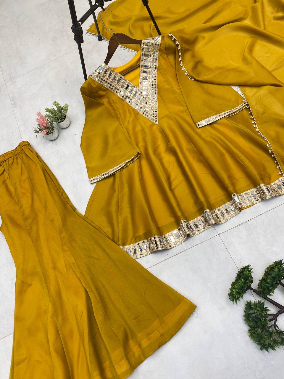 Mustard Party Wear Real Mirror Work Palazzo Suit Set