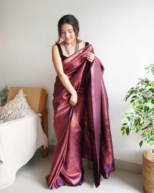 Lovely Soft Silk With Intricate Copper Zari Weaving Worked Saree - INDIAN ELEGANCE
