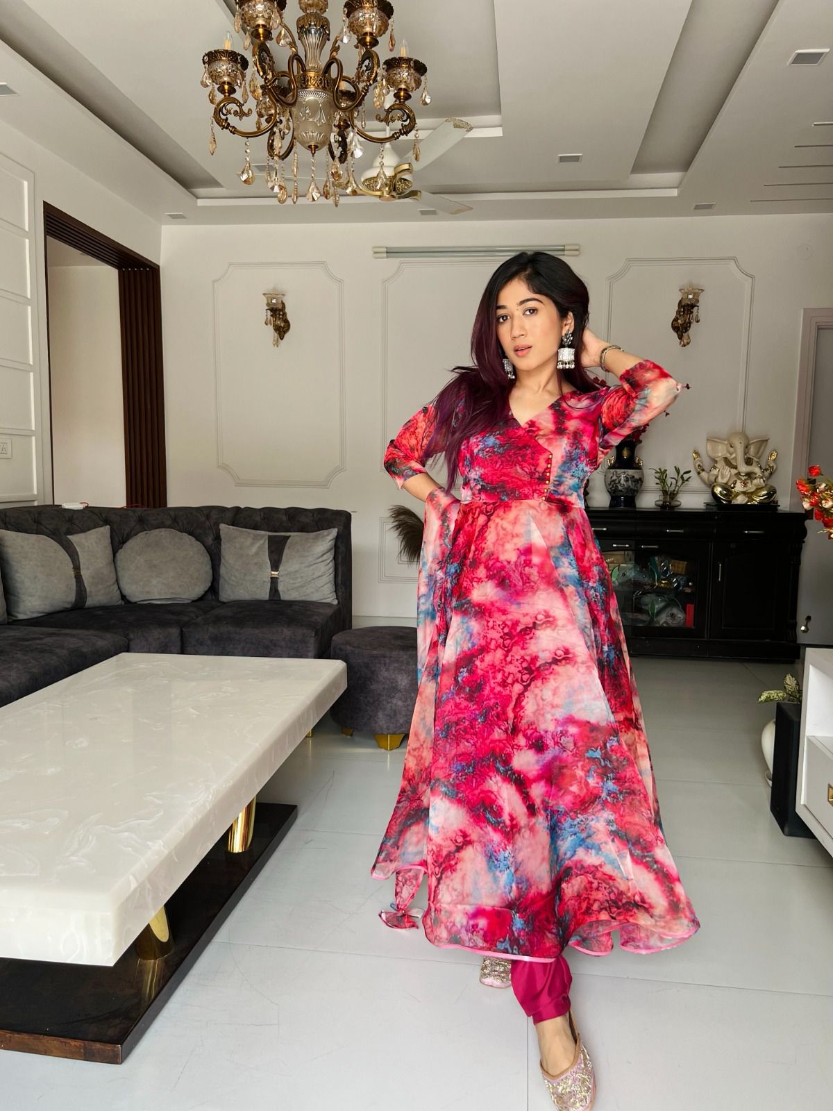 Royal Maroon Color Organza Silk Printed Anarkali Gown
