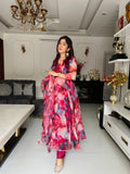 Royal Maroon Color Organza Silk Printed Anarkali Gown