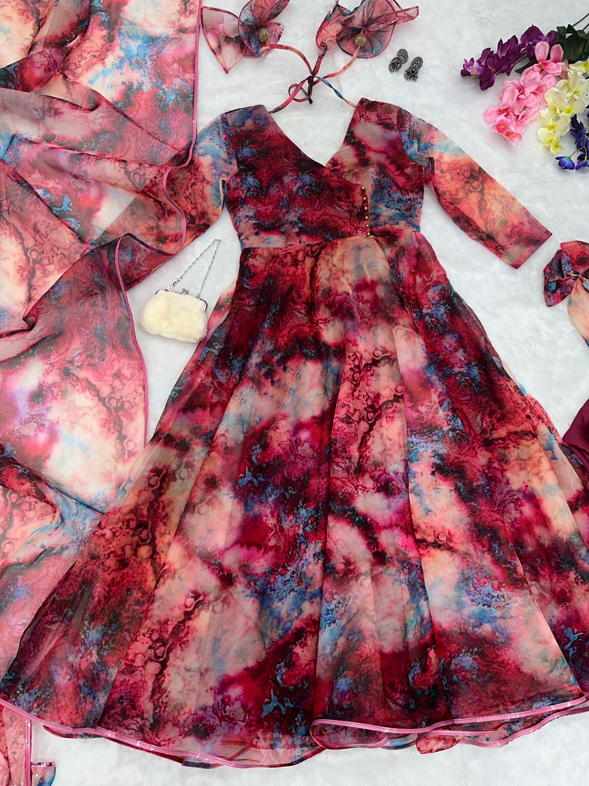 Royal Maroon Color Organza Silk Printed Anarkali Gown