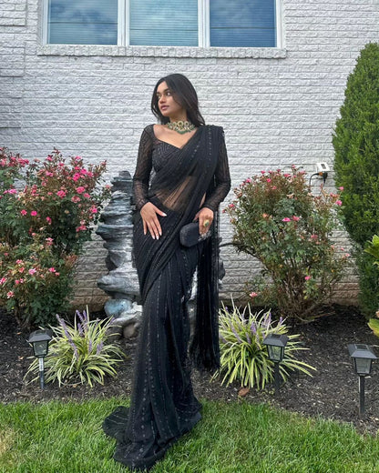 Soft Net Sequin Work Party Wear Saree with Full Sleeve Blouse