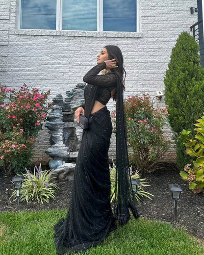 Soft Net Sequin Work Party Wear Saree with Full Sleeve Blouse