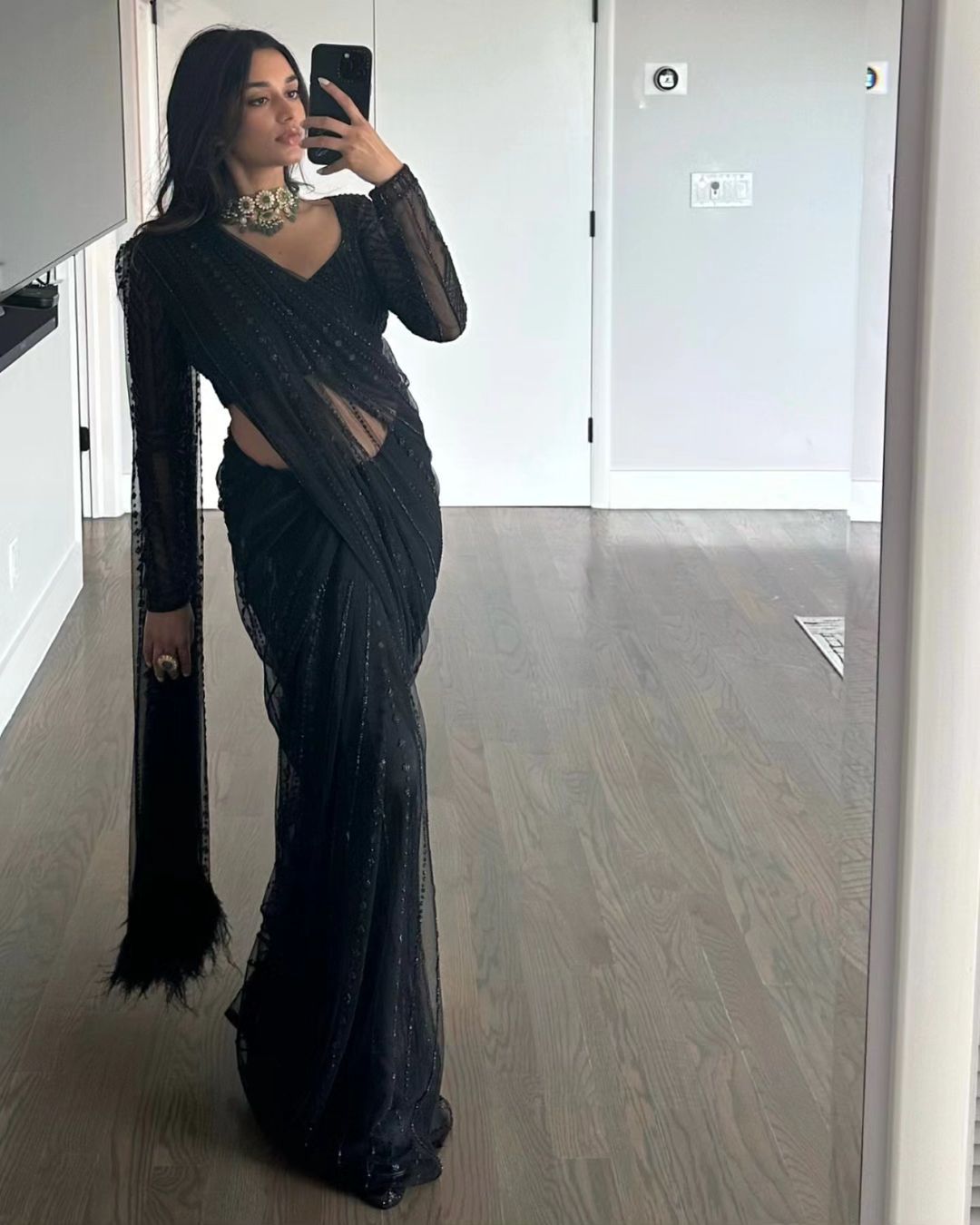Soft Net Sequin Work Party Wear Saree with Full Sleeve Blouse