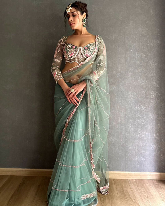 Premium Designer Net Saree With Hand Diamiond Embellishments -Kasturi Silk Blouse