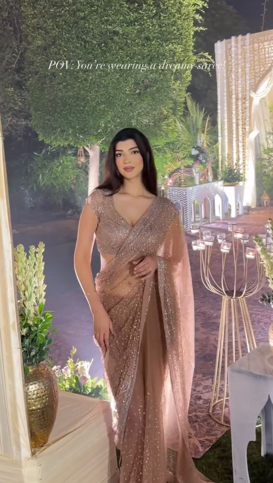 Glamorous Golden Net Saree for Wedding, Party & Reception Look
