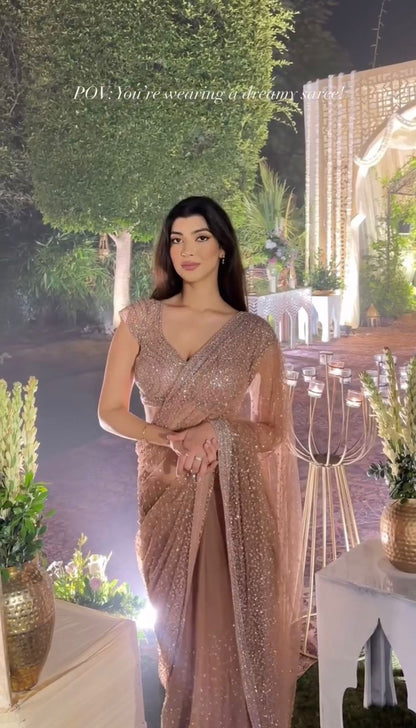 Glamorous Golden Net Saree for Wedding, Party & Reception Look