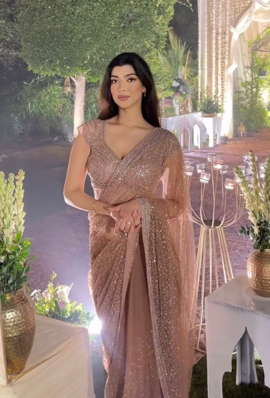 Luxury Rose Gold Sequin  Pre-Draped Saree With Designer Blouse