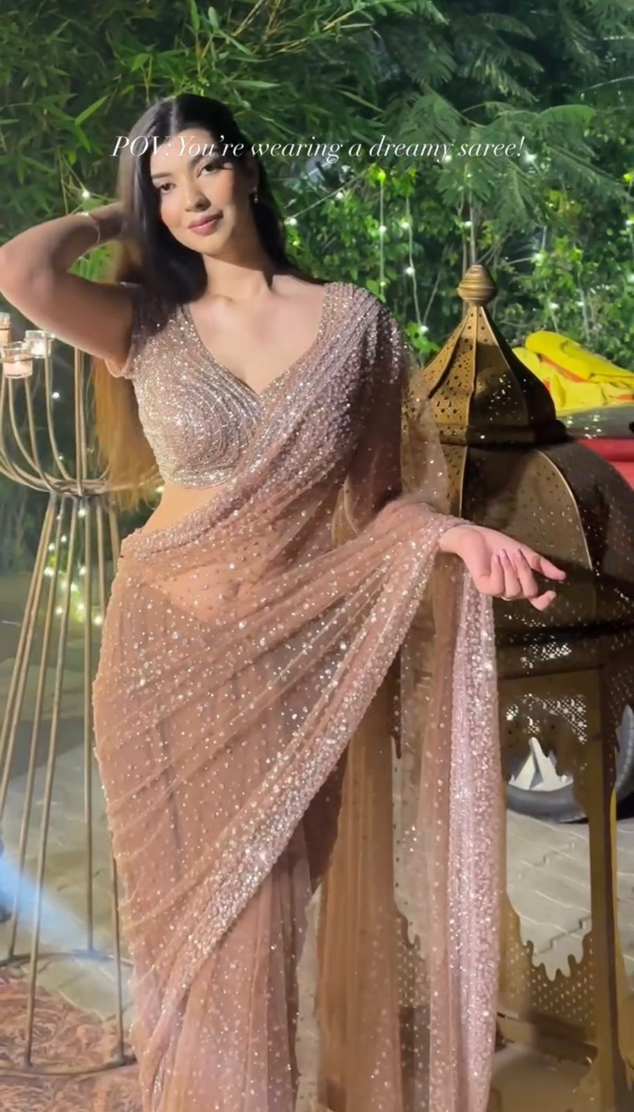 Glamorous Golden Net Saree for Wedding, Party & Reception Look